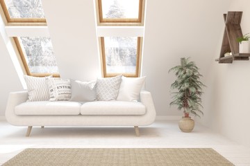 White stylish minimalist room with sofa and winter landscape in window. Scandinavian interior design. 3D illustration
