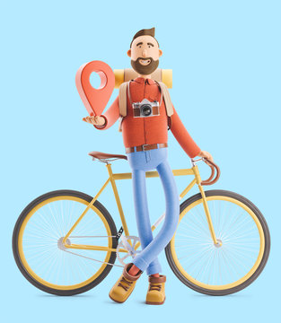 Cartoon character tourist stands with a large map pointer in his hands and bicycle . 3d illustration.