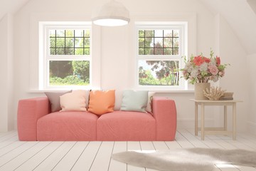 White stylish minimalist room with coral sofa and summer landscape in window. Scandinavian interior design. 3D illustration