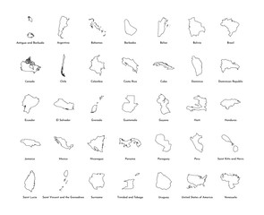 Vector illustration set with simplified maps of all South, North and American states (countries). Black line silhouettes, white background. Alphabet order