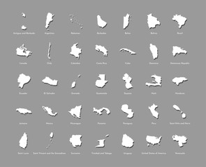 Vector illustration set with simplified maps of all South, North and Cental American states (countries). White silhouettes, grey background. Alphabet order
