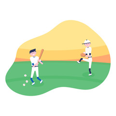 Vector Illustration. Set of baseball cartoon players: catcher, pitcher in modern flat style. Baseball equipment icon. Baseball characters team. Game moments