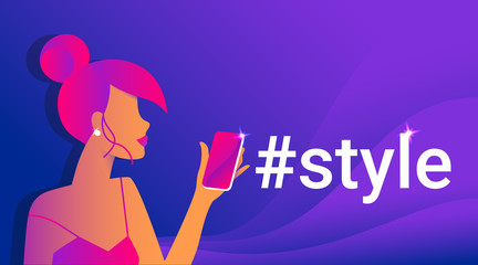 Hashtag style concept gradient vector illustration of sensual redhead woman using mobile smart phone