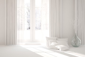 White stylish empty room in hight resolution with winter landscape in window. Scandinavian interior design. 3D illustration