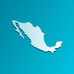 Vector isolated illustration icon with light blue silhouette of simplified map of Mexico. Bright blue background with shadow