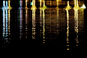 Blurred colorful light reflection on river surface in the dark night for background texture 