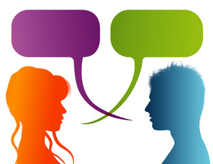 Vector isolated Silhouette of colored profile. Speech bubble. Talking between a man and a woman. Dialogue - discussion - chat communication between couple or people