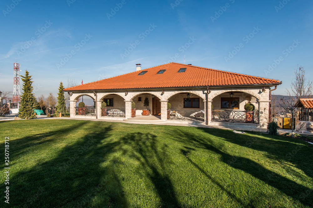 Wall mural luxury mansion and shadows of trees, summer day