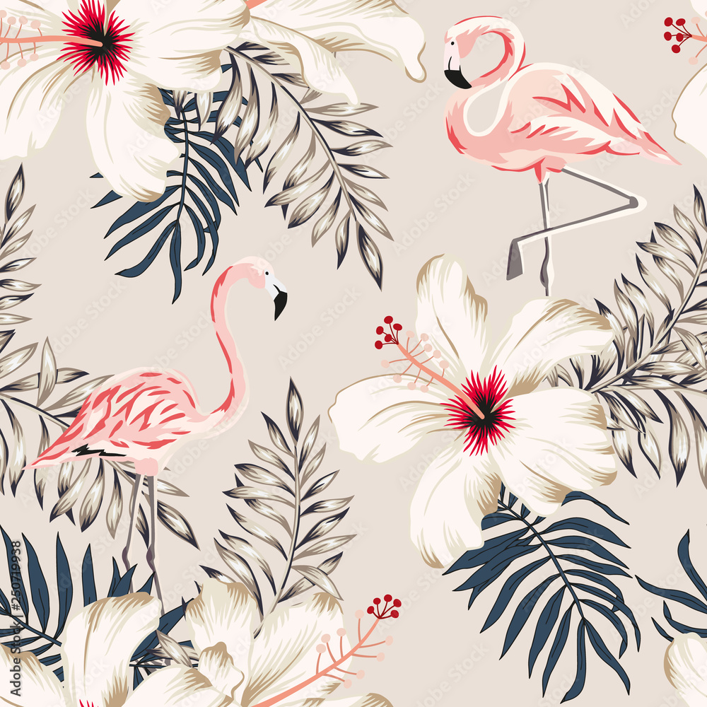 Wall mural Pink flamingo, palm leaves, white hibiscus flowers, beige background. Vector floral seamless pattern. Tropical illustration. Exotic plants and birds. Summer beach design. Paradise nature