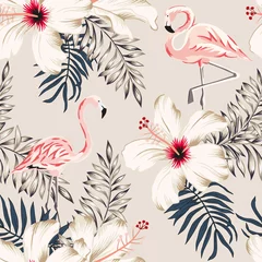 Gordijnen Roze flamingo, palmbladeren, witte hibiscusbloemen, beige achtergrond. Vector naadloze bloemmotief. Tropische illustratie. Exotische planten en vogels. Zomer strand ontwerp. Paradijs natuur © ojardin