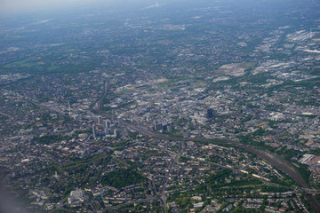 Fabulous panoramic view from airplane, Essen, Germany, flying airplane.