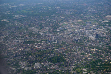Fabulous panoramic view from airplane, Essen, Germany, flying airplane.