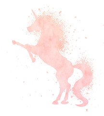 Watercolor unicorn silhouette painting with splash texture isolated on white background. Cute pink magic creature illustration. - 250720367