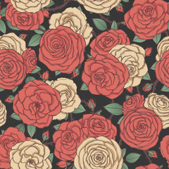 Vector seamless pattern with red and yellow rose flowers and leaves on black background. Floral ornament of blossoms in sketch style. For fabric, wrapping paper. - 250720394