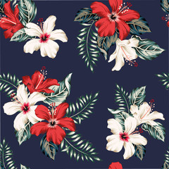 Tropical red, white hibiscus flowers and leaves bouquets, navy background. Vector seamless pattern. Jungle floral illustration. Exotic plants. Summer beach design. Paradise nature © ojardin