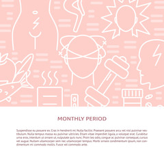 Monthly period symptoms and treatment concept banner in line style
