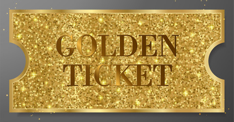 Golden ticket with gold sparkle starry glitter background. Tear-off coupon useful for any festival, party, cinema, event, entertainment show. Vector VIP card template