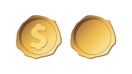 Gold stamp wax seal, gold coin, vector illustration