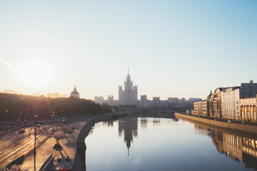 beautiful view at Moscow in golden hour with sun rays