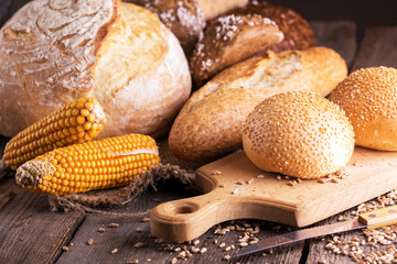 fresh bread and wheat on the wooden