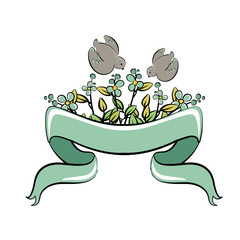 cute bird with a blue ribbon and flowers