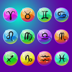 Zodiac circle with horoscope signs. Aries, Taurus, Gemini, Cancer, Leo, Virgo, Libra, Scorpio, Sagittarius, Capricorn, Aquarius, Pisces. Vector illustration 