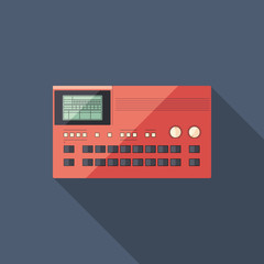 Modern drum machine flat square icon with long shadows.