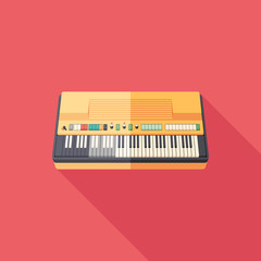 Compact electronic organ flat square icon with long shadows.