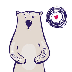 Cute bear with honey. Vector illustration design for t-shirt graphics, fashion prints. sketch, outline, speech bubble ,heart