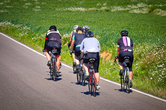 Group of cyclist on the road at springtime