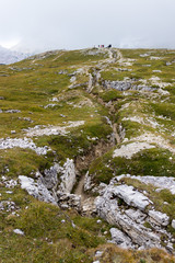 Look through world war I trenches at Monte Piana in Dolomites, Italy, places where the fight between Italy and Austria were taken