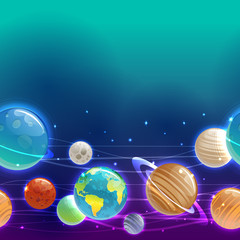 Cartoons planets colorful vector seamless border. Mercury, Venus, Earth, Mars, Jupiter, Saturn, Uranus, Neptune, Moon