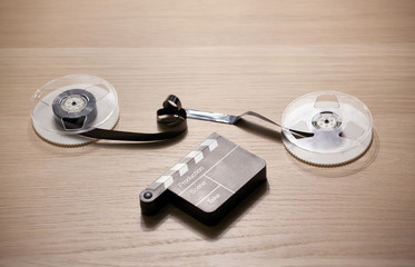 video film clapper board wooden table 