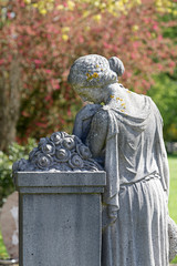 Obraz premium sculpture and blooming trees at municipal cemetery at springtime, Amsterdam, The Netherlands