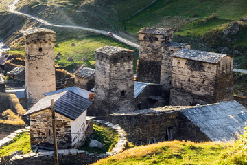 Svan towers of the famous Ushguli village, Chazhashi community. Svanety Georgia. Tamara the Great...