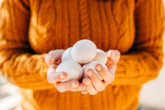 woman holding a organic white eggs - Powered by Adobe