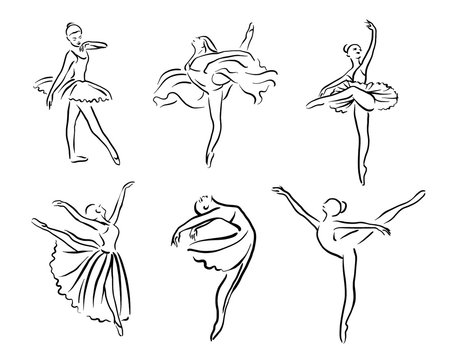 Artistic hand drawn pictures set of theatre theme. Ballerinas dancing. Ballerina dancer with tutu, pose woman in ballet, vector illustration