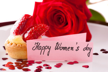 Cake with strawberry and rose - greeting card