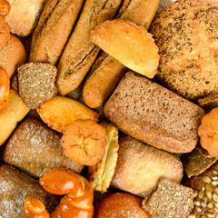 Top view of bread and rolls. Food background.