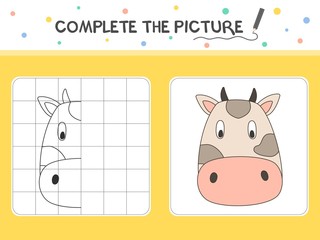 Complete the picture of a cow. Copy the picture. Coloring book. Educational game for children. Cartoon vector illustration.