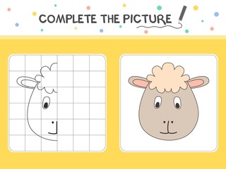 Complete the picture of a sheep. Copy the picture. Coloring book. Educational game for children. Cartoon vector illustration.