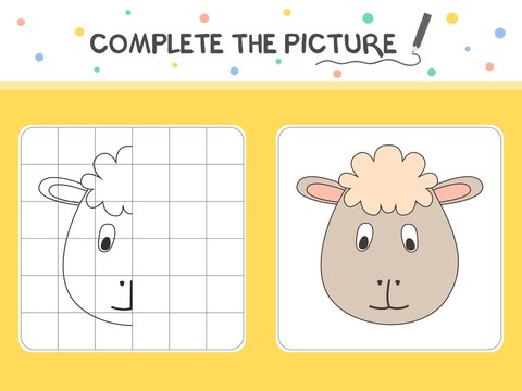 Complete the picture of a sheep. Copy the picture. Coloring book. Educational game for children. Cartoon vector illustration.