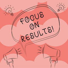 Writing note showing Focus On Results. Business photo showcasing key goals strategy to reach goal and ensure effectiveness Freehand Outline Sketch of Speech Bubble Megaphone Idea Icon
