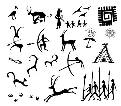 Set of vector stone age rock drawings ancient art illustration isolated on white background.