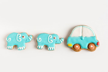 Background for a banner with elephants and car. Children banner. Frame for greeting card newborn boy. Blank for design childish banner with gingerbread.