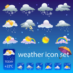 Cartoon set of weather icons. Vector illustration of weather conditions