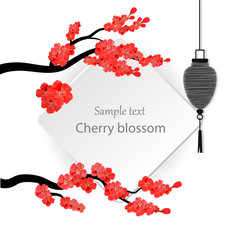 Red cherry blossom isolated on white background. Spring composition with sakura. Vector illustration