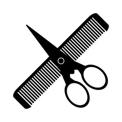 Comb and scissors on a white background in black color