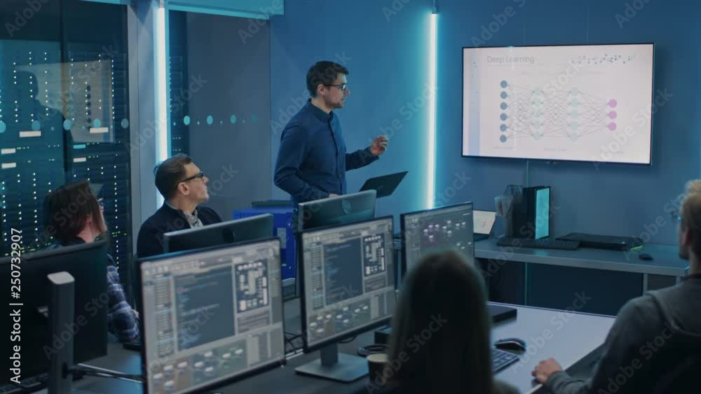 Poster Team of Professional IT Developers Have Meeting, Speaker Talks about New Blockchain Based Software Development Shown on TV. Concept: Deep Learning, Artificial Intelligence, Data Mining, Neural Network