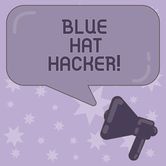 Writing note showing Blue Hat Hacker. Business photo showcasing Person consulting firms who bug system prior to its launch Megaphone and Rectangular Color Speech Bubble with Reflection
